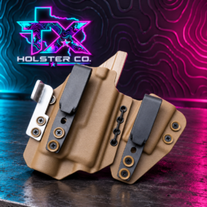 TX Holster Co. Chaos tan sidecar holster with teal and pink studio background