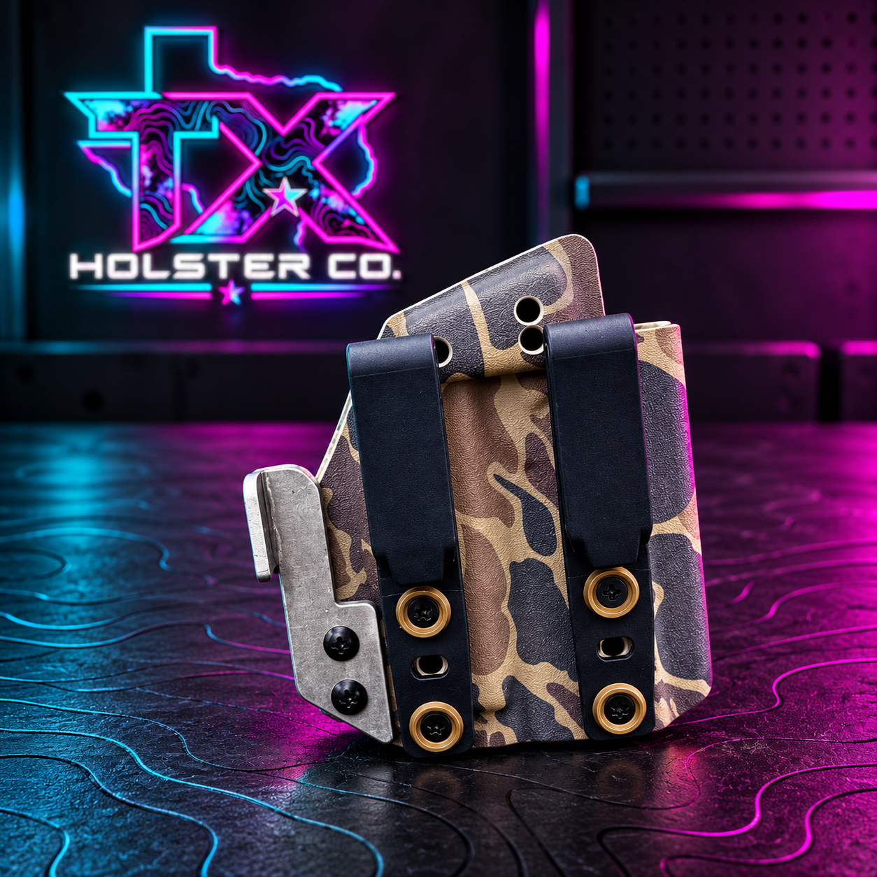 TX Holster Co. Killswitch camouflage holster on neon studio background
