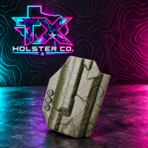 TX Holster Co. Straight Pull olive topographic holster with teal and pink studio background